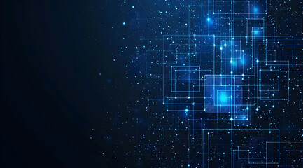 The image showcases a dark background filled with a pattern of glowing blue squares and dots, creating a futuristic and digital atmosphere.
