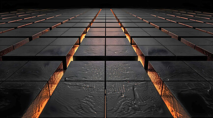 The image presents a perspective view of a grid of dark tiles, interspersed with glowing orange lines that create a striking, modern effect against a deep background.