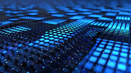 A 3D perspective of a vast array of blue squares and rectangles, resembling a digital landscape with varying elevations and glowing effects against a dark background.


