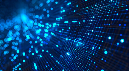 The image showcases a mesmerizing blue light display with numerous glowing dots and lines, creating a digital network effect against a dark background.