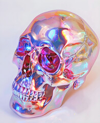 The image displays a large, iridescent skull with a shiny surface that reflects a range of colors, including pink, blue, and gold, set against a light background.
