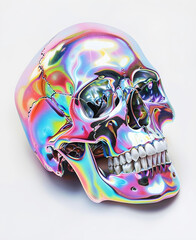 The image shows a large, iridescent skull with a glossy surface, reflecting a spectrum of colors like pink, purple, and blue against a plain white background.