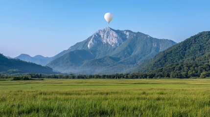Obraz premium White hot air balloon floating high above a rugged mountain peak surrounded by lush green fields and forests under a clear blue sky.