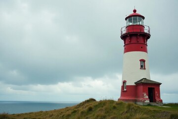Vintage lighthouse standing alone against grey cloudy sky, cloud, sea, fog