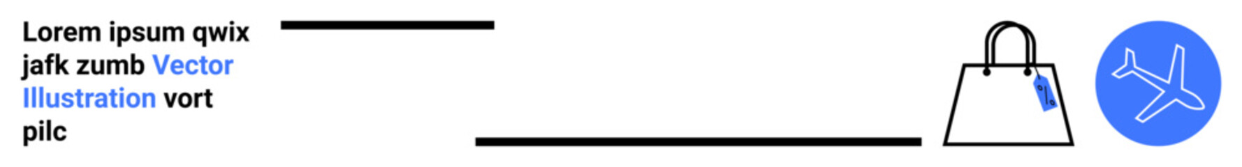 Shopping bag with blue tag beside blue airplane icon. Ideal for travel shopping, duty-free concepts, tourism, retail marketing, travel planning, e-commerce, flat landing page banner