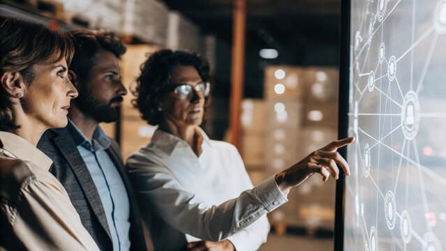 A holographic representation of an innovative supply chain process with key players in the industry observing and discussing optimization strategies around the display.