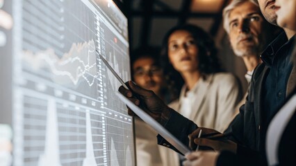A team leader reviews a complex multilayered data visualization projected in front of the group with closeup details of vivid financial statistics and key performance metrics in
