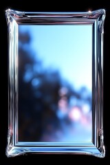 mirror frame reflecting light, set against a soft-focus abstract background with blue and pastel tones