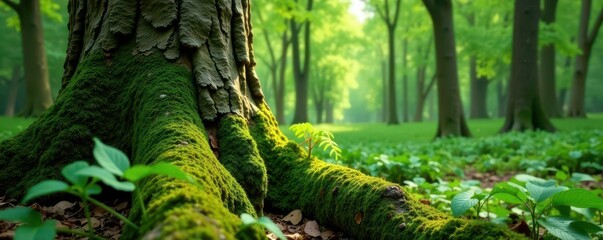 Moss-covered tree trunk with lichen and ferns, forest, lichen, ferns