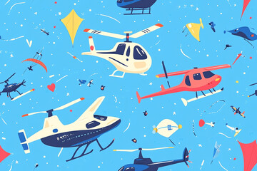 Pattern with small airplanes, helicopters and kites on a blue background, patterns