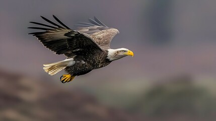 Obraz premium Majestic Bald Eagle in Flight Over a Blurred Brown Landscape