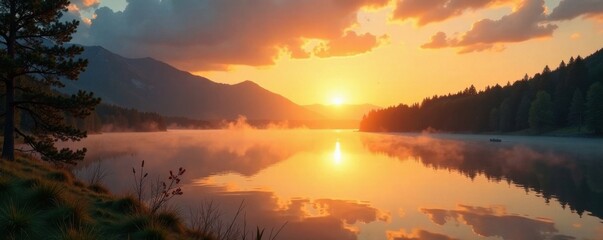 Fototapeta premium Warm golden circle surrounds tranquil lake at dawn, water reflection, abstract circle, serene lake