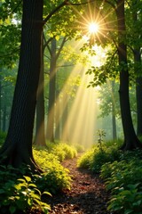 Obraz premium Warm sunlight filters through leafy trees, casting dappled shadows on forest floor, forest, light, foliage