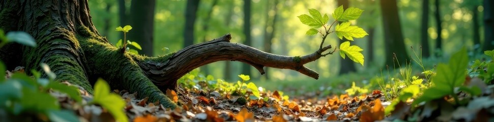 Puzzled wooden tree branch falls down on the forest floor, woodcut, leaf, branch