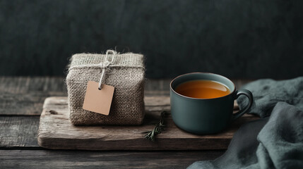 Morning aesthetic, cozy cup of herbal tea on the wooden table