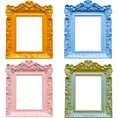 Ornate picture frames in bright colors with intricate details vintage style transparent background