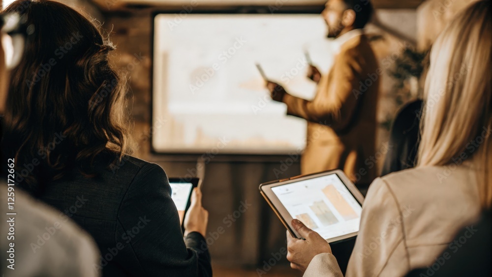 Poster a professional making a presentation in front of a holographic screen with audience members in the f