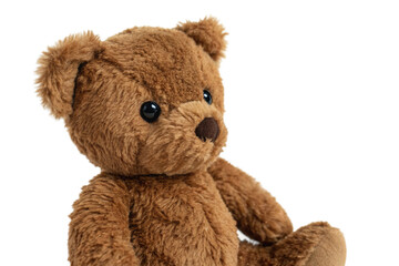 Obraz premium A fuzzy brown teddy bear with black eyes and a brown nose, sitting against a white background. Perfect for children's designs, toy-related projects, or plush bear themes.