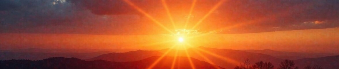 Fototapeta premium Vibrant sun with bright rays emanating from horizon, lens flare, sky glow, sunny day