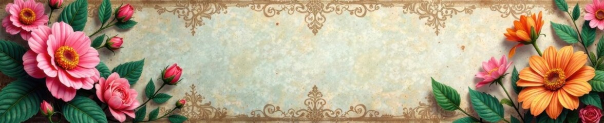 Vintage grunge banner set with flowers and leaves, grunge, distressed, vintage