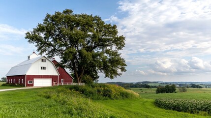 Obraz premium Red barn, green fields, summer day, rural landscape, idyllic farm scene