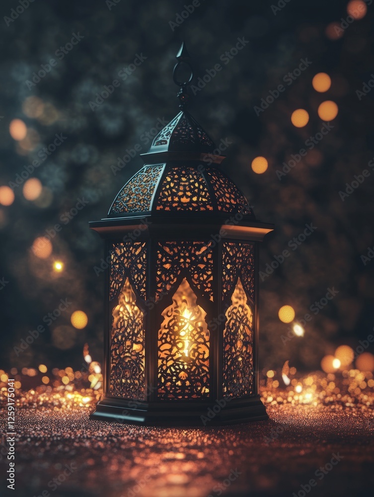 Poster intricate metal lantern glows warmly against a dark background with bokeh lights, creating a serene 
