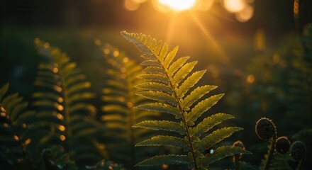 Fern Fronds Glowing in Warm Sunlight Creating a Tranquil Nature Scene