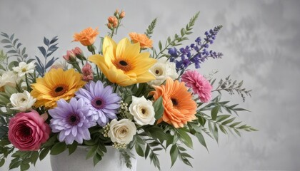 Watercolor style flower arrangement on a light gray background, floral design, watercolor flowers, botanical