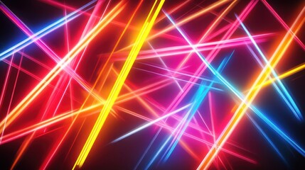 Abstract vibrant neon light streaks intersecting on black background.
