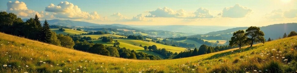 Vintage-style postcard with a scenic landscape of rolling hills and trees, landscape, tree, serene