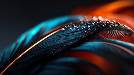 Teal and Orange Feathers with Dew Drops: A Macro Photography Masterpiece