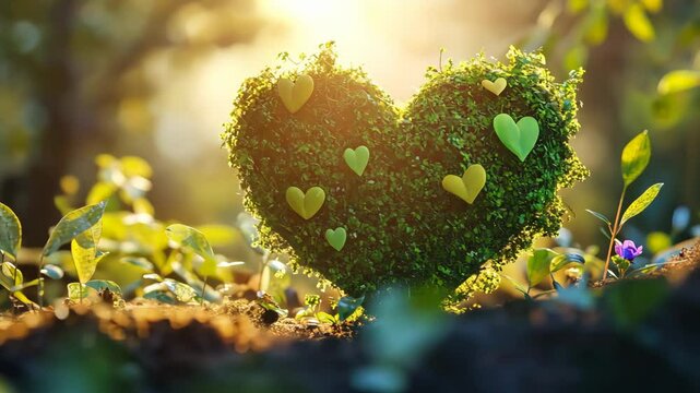 Lush green heart shaped topiary with small yellow hearts in a sunlit garden for earth day, ecology, and environmental awareness