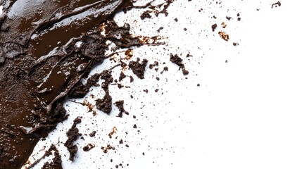 Melted chocolate smear and crumbs on white.