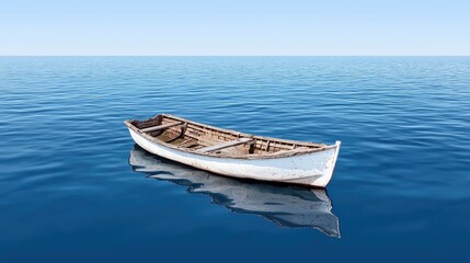 Naklejka premium Empty wooden boat on calm ocean water