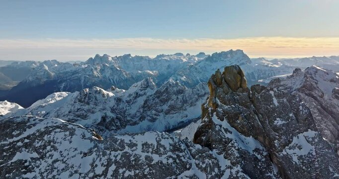 Aerial drone view of the Marmolada mountain in the Dolomites, northeastern Italy