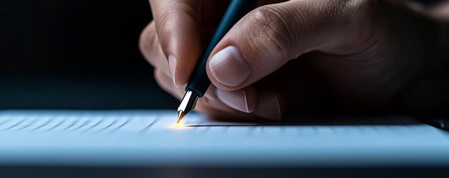 A close-up of a hand writing with a pen on paper, highlighting the focused action of creating text in a dimly lit setting.