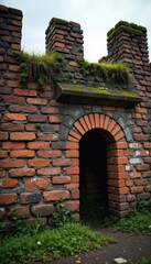 Weathered brick wall with moss covered mortar and grey overcast sky, gloomy, bleak