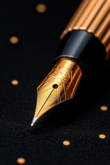 A close-up of an elegant fountain pen nib resting on a textured black surface adorned with golden dots.