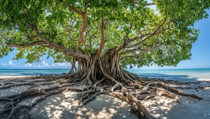 Majestic Banyan Tree by the Ocean: A Serene Tropical Paradise