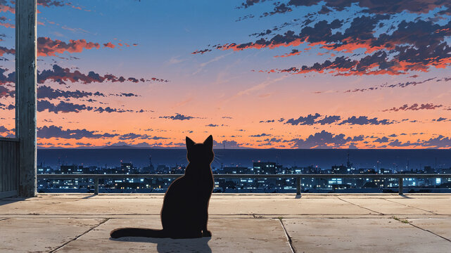 Silhouette Cat Rooftop Sunset Cityscape Anime Art