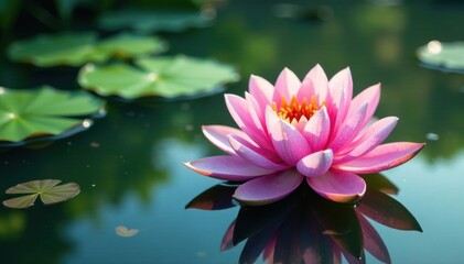 Water lily with white board floating on pond surface, pond surface, greenery, water lily