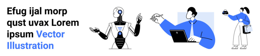 Robot interacting with humans, man working on laptop, woman analyzing data on tablet. Ideal for AI concepts, robotics, teamwork, tech innovation, education, presentations flat landing page banner