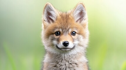Fototapeta premium Cute fox kit in grassy meadow, spring sunlight