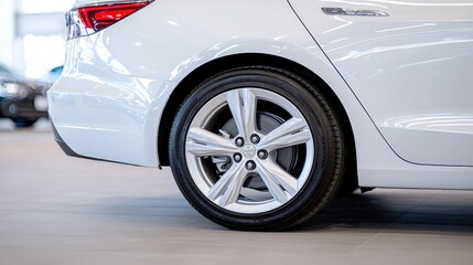 Fototapeta premium White car rear tire in showroom