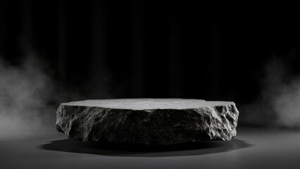 Natural black stone platform on a black background with natural lighting. Mockup for advertising