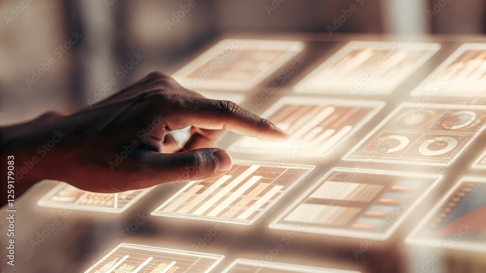 Poster a closeup of a hand reaching out to swipe through holographic data cards with illuminated performanc