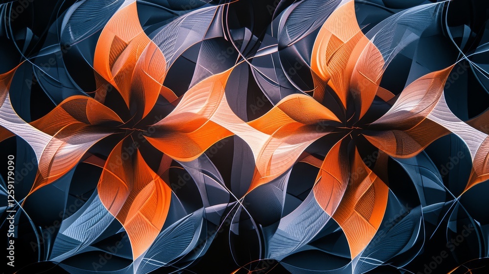 Poster a mesmerizing abstract fractal pattern featuring vibrant orange and deep blue hues. the symmetrical 