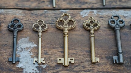 A variety of vintage metal keys in different shapes and sizes, displayed on a rustic wooden surface, evoking history and nostalgia.  
