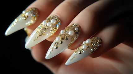 Close-up of glamorous white stiletto nails adorned with gold glitter and pearls, creating an elegant and luxurious nail art design.
