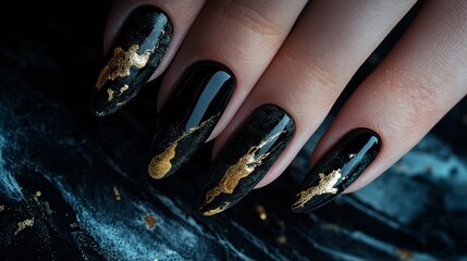 Close-up of black marble nails with gold accents, featuring a glossy and luxurious nail design that exudes elegance and sophistication.
